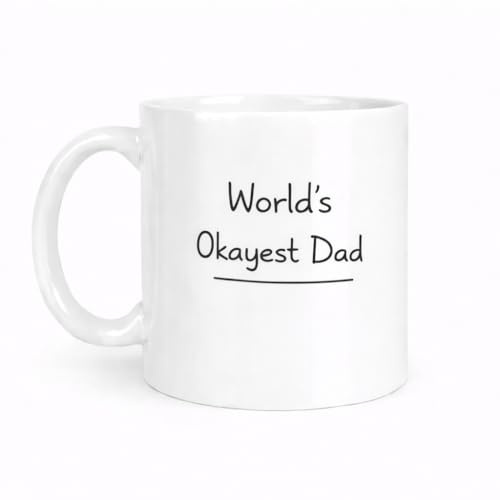 Brew Crew Gifts World's Okayest Dad Mug, White Ceramic, 11 oz, Dishwasher Safe, Microwave Safe, Funny Father's Day Gift