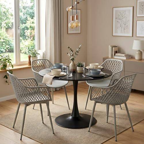 DazzlerE Runder Esstisch mit 4 Stühlen Set, Balkonmöbel Set für Kleinen Balkon, Gartentisch Rund für Garten, Terrasse, Balkon, Schwarzer Tisch (Ø 100 cm) + 4 Grau Sessel