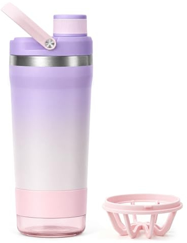 Protein Shaker Edelstahl 700ml, Edelstahl Shaker mit Pulverfach und Sieb | Premium Eiweißshaker Doppelwandig Isoliert, Auslaufsichere, BPA-Frei, Ideal für Fitness, Gym, Lila-Rosa