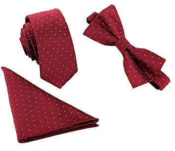 WANYING Herren Klassische 6 * 12cm Fliege & 6cm Schmale Krawatte & 22 * 22 cm Einstecktuch 3 in 1 Sets - Gepunktet Dunkelrot