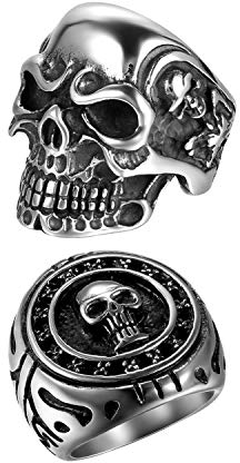 OIDEA 2 Stück Edelstahl Ring für Männer Jungen Skull Biker Ringe, Silber schwarz Retro Charm Punk Rock Schädel Herrenring Edelstahlring Bandring Ringgrößen 74 (23.6)