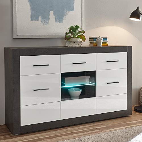Lomadox Sideboard in Hochglanz weiß mit Betonoptik dunkel inkl. LED-Beleuchtung