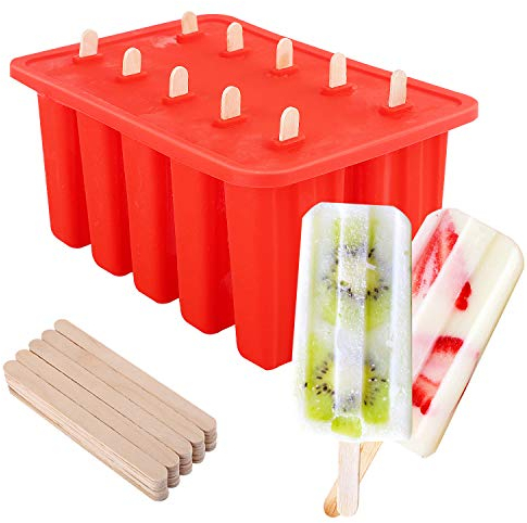 Nuovoware Ice Pop Makers, Popsicle Maker [Cavity of 10] Food Grade Silicone Popsicle Maker with 100 Sticks, Easy Release and Clean, Red