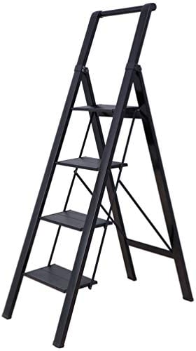 BAOYOUNI Scaletta Pieghevole a 4 Gradini in Alluminio Scala Sgabello Domestica Antiscivolo con Maniglione, Leggero e Robusto, Portata Max135 kg, per Casa, Ufficio, Libreria, Garage, Pittura, Nero