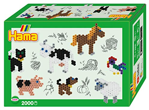Hama Perlen 3509 Geschenk-Set Bauernhoftiere mit ca. 2.000 bunten Midi Bügelperlen mit Durchmesser 5 mm, Motivvorlage und Stiftplatte, inkl. Bügelpapier, kreativer Bastelspaß für Groß und Klein