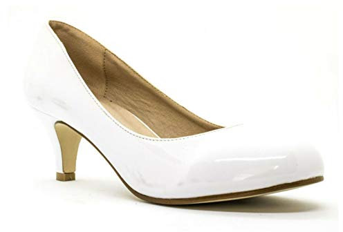 Damenschuhe mit niedrigem Kätzchen-Absatz, Abendkleid, Mädchen-Schuhe, Pumps, Größe 36, 37, 38, 42, 42, 42, 44, 46, 46, 46, 46, 46, 46, 46, 42, weiße Lacklederoptik, 44 EU