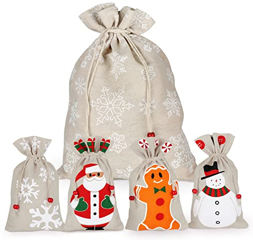 5 Stück Santa Beutel mit Kordelzug,Jutesack zum Befüllen,Beutel aus Stoff, Beutel für Süßigkeiten, Weihnachten,Geschenk,Schmuckbeutel, Kekstasche, Schneemann, Weihnachtsmann, Schneeflocke, 2 Größen