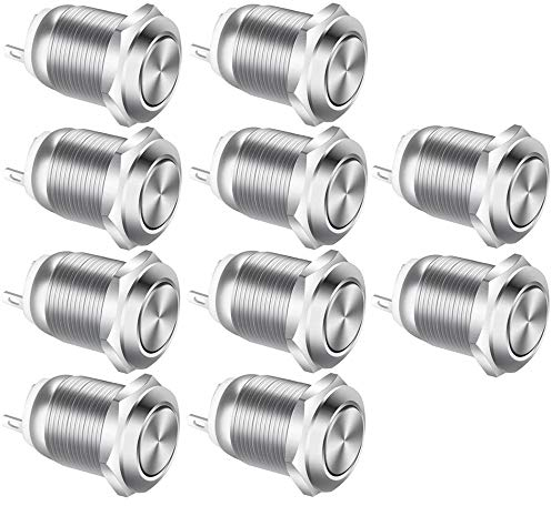 Gebildet 10Pcs 12mm Acciaio Inossidabile 2A 12V-24V-125V-250V Pulsante Impermeabile Pulsante Momentaneo On Off (Testa Piatta)