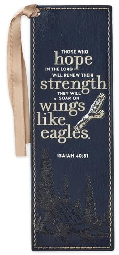 Christian Art Gifts Premium Vegan Faux Leather Scripture Bookmark for Men & Women: On Wings Like Eagles - Isaiah 40:31 Inspirational Bible Verse, Heat-Debossed, Reading Accessory w/Tassel, Navy Blue