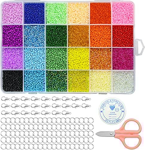 JTOOYS 24000pcs Glass Seed Beads, Small Pony Beads Assorted Kit Colors Seed Beadswith Scissors Lobster Clasps String Cord for Jewelry Making DIY Bracelet Necklaces