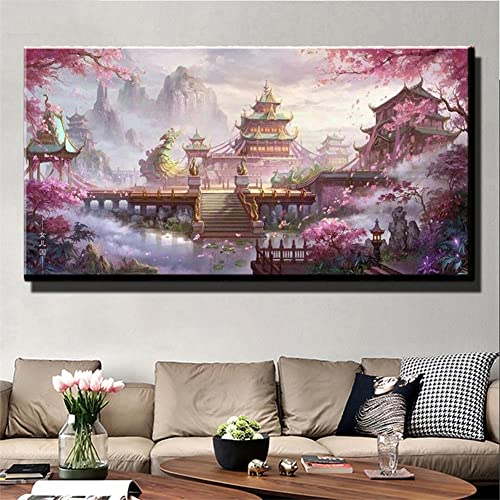 Diamant Painting Bilder, Japanische Tempellandschaft 50x100cm 5D Diamant Gemälde Set Groß Full Bohrer Stickerei DIY Diamond Malerei Strass Stickerei Kreuzstich Leinwand Kunsthandwerk Home Dekoration