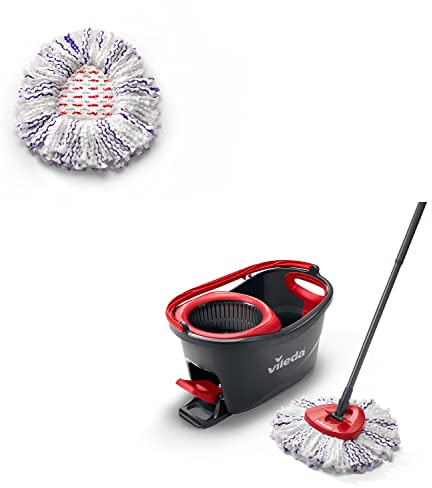 Vileda Turbo 3 in 1 - Juego de fregona con Palo telescópico, Cubo escurridor Giratorio y Recambio de microfibras, Incluye 1 Recambio Adicional, Color Negro y Rojo, 48.6 x 29.6 x 29.3 cm