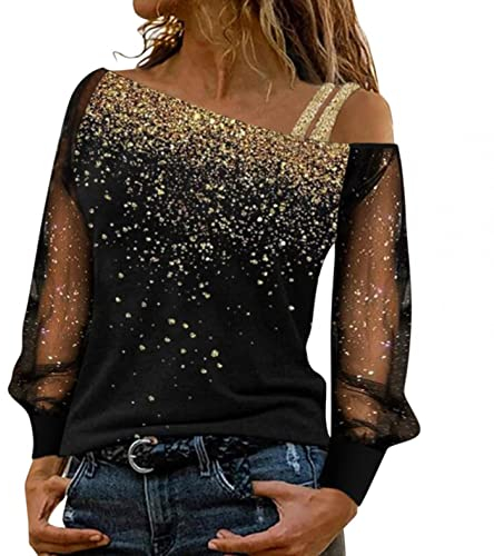 Generic T-Shirt Damen Schulterfrei Oberteile Sexy Glitzer Langarmshirt Casual Mode Langarm Shirt Bluse Tops Tunika Elegant Einfarbig Pullover Jumper Herbst Winter Spitze Streetwear Laufshirt, Gold, M