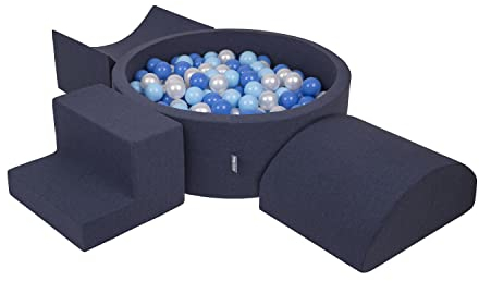 KiddyMoon Parque Infantil De Espuma con Rodondo Piscina De Bolas (200 Bolas) para Niños, Azul Marino:Azul Claro/Azul/Perla