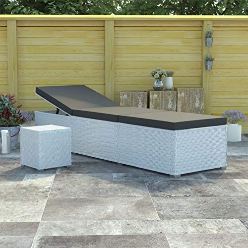 CANLAY Sonnenliege mit Auflage, Gartenliege, Liegestuhl, Sonnenstuhl, Sonneninsel Outdoor, Liegen, Gartenmöbel, Bäderliege, Relaxliege,und Teetisch Poly Rattan Weiß