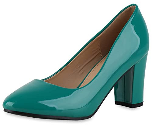 VAN HILL Damen Klassische Pumps Blockabsatz Schuhe Elegante Lack Absatzschuhe Party Freizeit Abendschuhe 207936 Moosgrün Lack 36