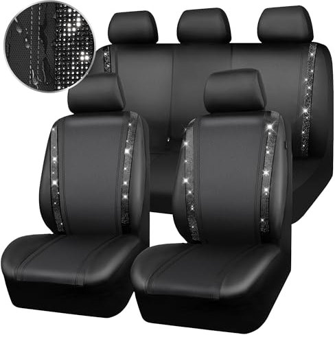 CAR PASS Wasserdicht Leder Autositzbezüge, Bling Diamant Komplettset Sitzbezug, Glänzend Kristall Glitzernd, Universal für 95% Aller Automobile LKW SUV, Frauen Männer(Komplettset, Schwarz)