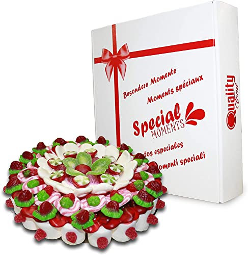 Quality Roasters Coffees Tarta de Chuches Red Flower, Diámetro de 28 cm. Sin Gluten. Golosinas Variadas Ideal para Regalo.