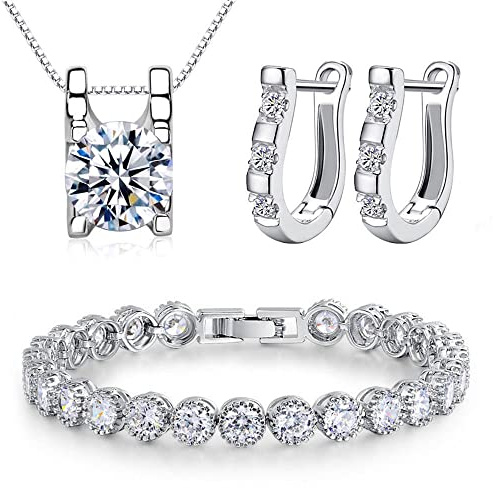 KIM JOHANSON® Damen Schmuckset *Jana* in Silber I Halskette mit Anhänger aus 925 Sterling Silber I Ohrringe aus Edelstahl I Armband rhodiniert I Mit weißen Zirkonia I Wasserfest inkl. Schmuckbeutel