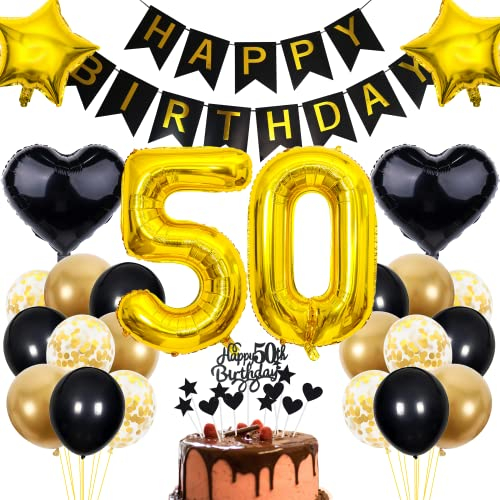 Cnrose 50. Geburtstag Dekoration - Schwarz Gold Party Deko für Männer und Frauen - Tortendeko für 50 Jahre