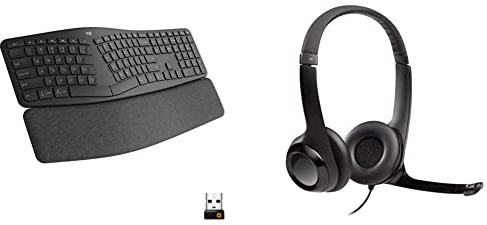 Logitech ERGO K860 Wireless Ergonomic Keyboard, Grey & H390 Wired Headset for PC/Laptop, Stereo Headphones with Noise Cancelling Microphone, USB-A, In-Line Controls, Works with Chromebook - Black
