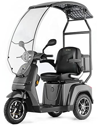 VELECO TURRIS mit Baldachin – 3-rädriger Mobilitätsroller – komplett montiert und einsatzbereit – volle LED-Leuchten – kontrastreiches Display – Alarmsystem (Grau)