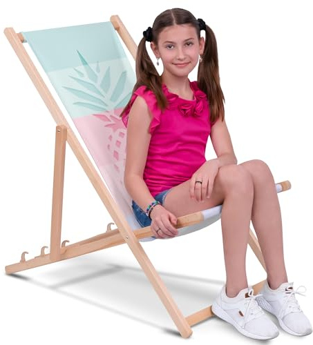 DreamRoots Kinder Liegestuhl Holz Gr. M, Pineapple Color | Klappbarer Campingstuhl faltbar, für Garten & Strand, bis 130 kg, waschbarer Bezug, 100% Polyester, UV-beständig, Kinderliege