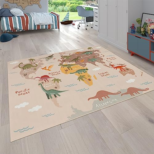 Paco Home Teppich Kinderzimmer Kinderteppich Junge Mädchen Spielteppich Dinosauriert Welt Motiv rutschfest Modern Beige Braun Grün, Grösse:140x200 cm