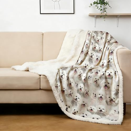 BlessLiving Fuzzy Dogs Blanket For Kids Adults Cute Puppy Fleece Blanket Reversible Animal Pattern Sherpa Throw King (Bichon Frise,274x228cm)