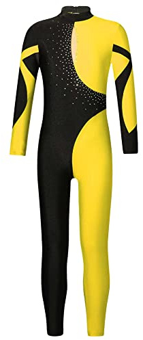 iEFiEL Mädchen Langarm Turnanzug Zweifarbig Ganzkörperanzug Sportlich Body Kinder Glitzer Gymnastikanzug Tanzkostüm Tanzanzug Wb Gelb 170-176
