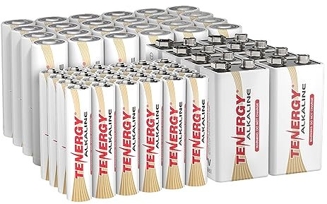 Tenergy 56 Pack Alkaline Batteries, 24 Pack AA Batteries, 24 Pack AAA Batteries, and 8 Pack 9V Size Batteries for Household Electronics