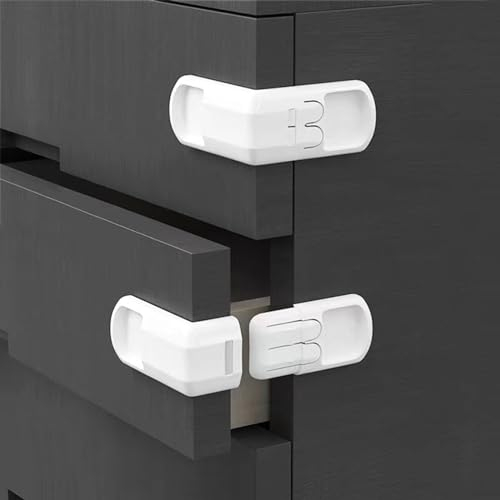 DHinkyoung 4 Pcs Safe Cupboard Locks for Children, Update Child Proof Drawer Locks, Dual-Button Baby Proofing Corner Locks for Cabinet Cupboard Drawer Refrigerator Oven