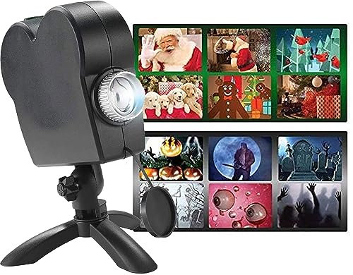 MJJAOQYF Halloween Christmas Window Projector Light, Holographic Projection with A Tripod 12 Movies Festival Projection Spotlight for Home Party,Black