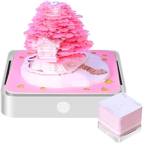 KTCINA Schreibtischkalender 2024 mit LED-Leuchten Tischkalender Memo Pad 3D Kalender Kreatives Geschenk Notizblock aus Papier mit Acrylabdeckung Weihnachtsdekoration für Haus Büro (Rosa)