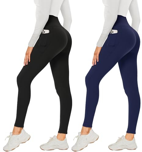 AMIYOYO Pack of 2 Leggings for Women High Waist Leggings Opaque Elastic Tummy Control Trousers Soft Sports Trousers for Yoga Fitness Outdoor Leisure, Black and dark blue, 8/14 UK