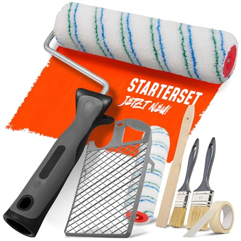 ORGAFLIX Profi Farbroller Set für Wandfarbe - Malerset für Renovierung inkl. 2 x Profi Malerrolle 25cm, Kreppband, 2 x Malerpinsel, 2K-Farbbügel, Abstreifgitter, Holz Rührstab