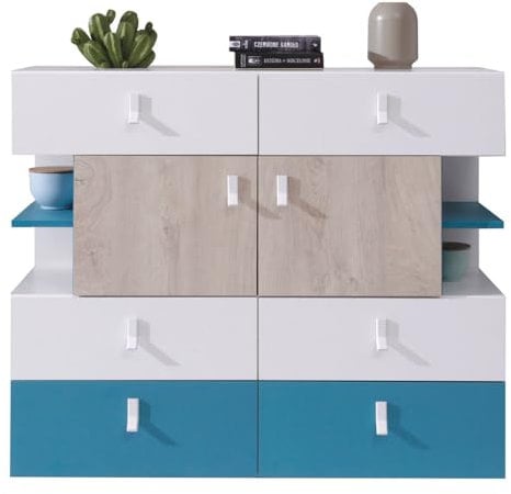 Lomadox Jugendzimmer Sideboard Kommode 110cm in weiß Eiche blau