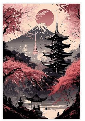 NWGACS Impression sur toile style japonais avec cerisier Sakura, montagnes et temples - Décoration murale pour salon, chambre à coucher, sans cadre - 30 x 45 cm