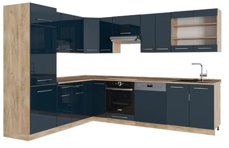 Vicco Eckküche Fame-Line, Dunkelblau Hochglanz/Goldkraft Eiche, 227 x 287 cm, AP Marmor