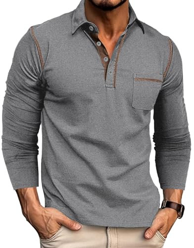Rodawu Mens Long Sleeve Polo Shirts Cotton Polo T-Shirts Golf Tops Grandad T Shirt Grey Polo Shirt Men L