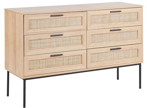 Beliani Kommode 6 Rattan-Schubladen Heller Holzfarbton Schwarze Metallbeine modern Pasco