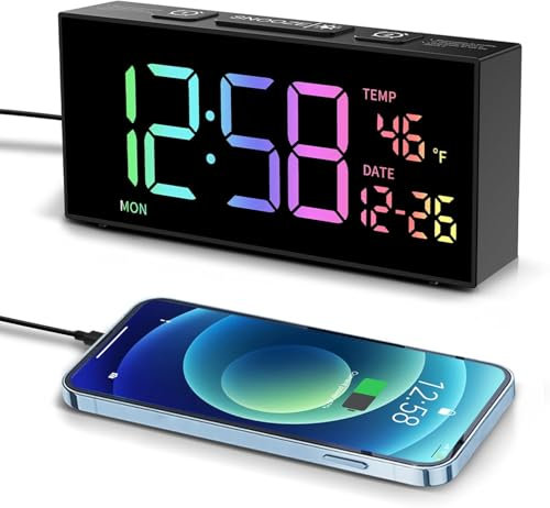 Netzu Digitaler Wecker Laut, Digitalwecker mit Temperatur und Datumsanzeige, 10 Bunte LED Anzeige, 10 Klingeltönen, 2 Alarme, Snooze, 4 Helligkeit, 4 Lautstärke, Wecker für Schlafzimmer Wohnzimmer