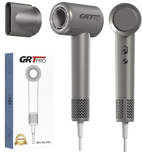 Mini Secador Pelo Profesional Ionico 2200W 110,000 RPM, Secadora de Pelo Pequeño 330g Styling Silencioso Boquilla Magnética de 360°, 200 Millones Iones Negativos Peluquería Hogar Viajar (mini gris)