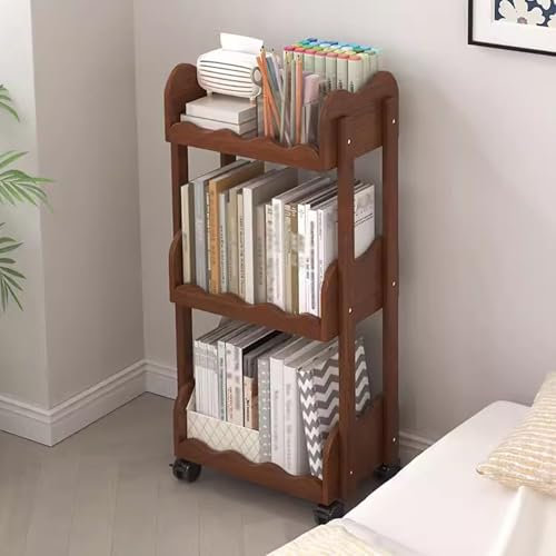 MARIYCH 3-stufiges mobiles Bücherregal aus Massivholz mit Rollen, rollender Bücherwagen, Bücherregal für Büro, Wohnheim, Klassenzimmer, Bibliothek, Wohnzimmer
