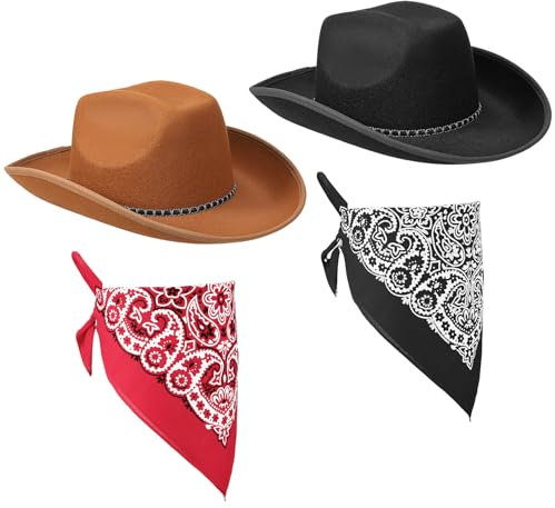 ViEinkaufen 2Pcs Cowboy Hats Black Brown, Cowboy Hat with Bandana Scarf Western Hat Set Fancy Dress Party Accessory for Women Men Halloween Birthday Cosplay Party (Black+Brown 1#)