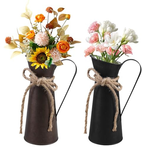 Juego de 2 jarrones decorativos vintage de metal, jarrones decorativos, cubos de flores, decoración de mesa, jarra de leche galvanizada en estilo retro, jarrón decorativo de estilo rústico para