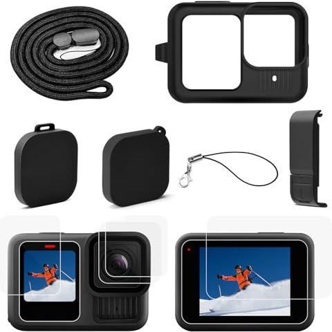 Silikon Hülle Displayschutzfolie Zubehör für GoPro HERO 13 Black, oGoDeal Silikon Hülle+Akkufachdeckel +Hartglas Displayschutz+Hartglas Objektivschutzfolie+HD Kleinem Display+Schutzkappe Objektivdecke