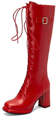 Klarmar Stivali Alti Biker Stivali Alti Donna Plateau Motorcycle Cordoncino Block Stivali Knee High Classico Casuale Rosso Numero 35 EU/22.5CM