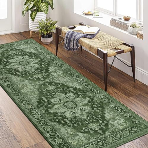 Homcomodar Boho Flur Teppich Läufer 80x200cm rutschfest Küche Läufer Teppiche Waschbar Teppich Läufer Flur für Küche Schlafzimmer Eingang Waschküche(Grün)