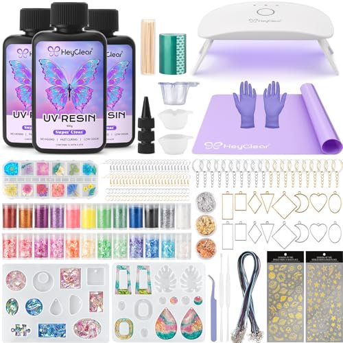 HeyClear UV Resin Moulds Jewelry Making Kit with UV Light and Casting Tools -300g Super Clear, Hard, Low Odor, Premixed and Fast Curing for Keychains, Earrings, DIY Craft Decorations